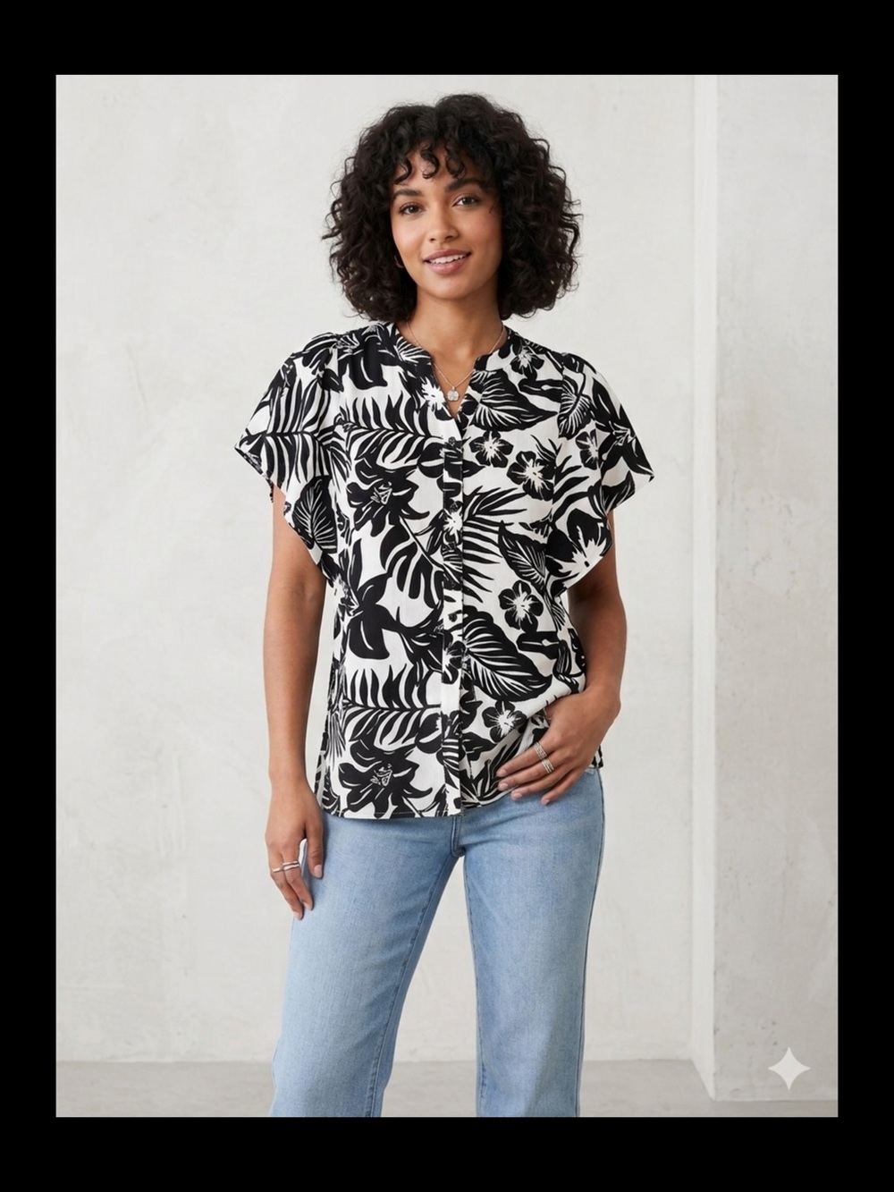 Allison Daley Black and White Tropical Button-Front Top